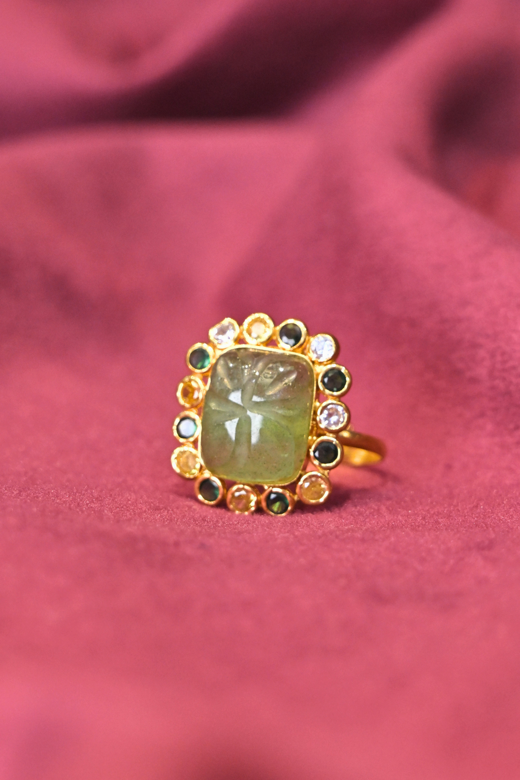 Green Carved Center Stone Halo Designer Ring