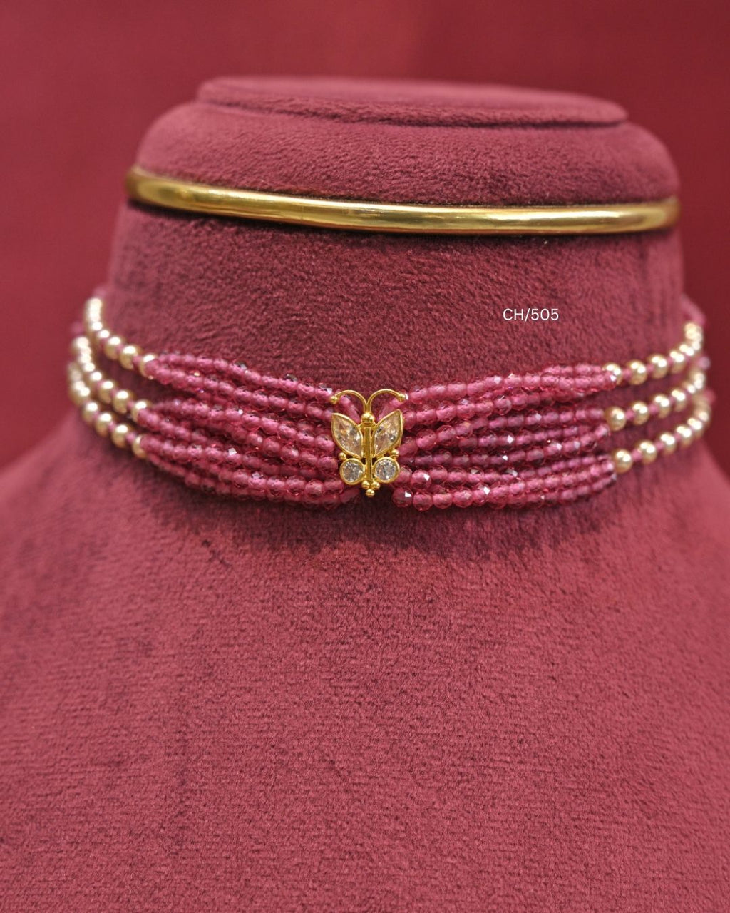 Butterfly Motif Multi-Strand Ruby Pink Bead Choker | SKU: CH/505