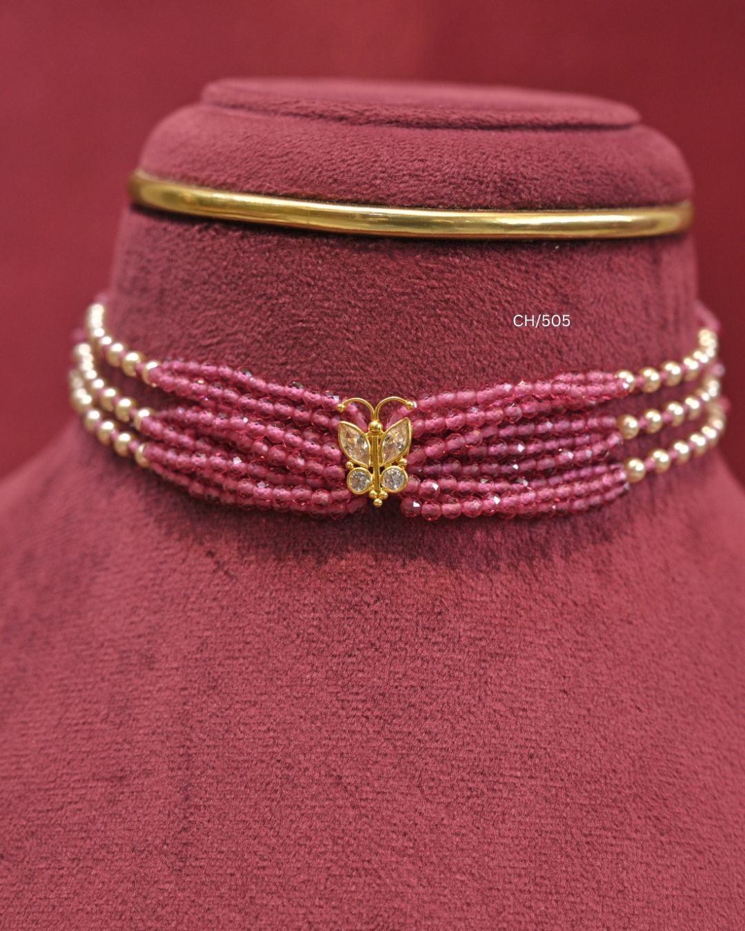 Butterfly Motif Multi-Strand Ruby Pink Bead Choker | SKU: CH/505