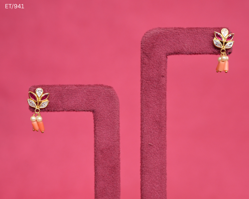 Polki Ruby Coral & Pearl Dainty Stud Earrings | SKU: ET/941