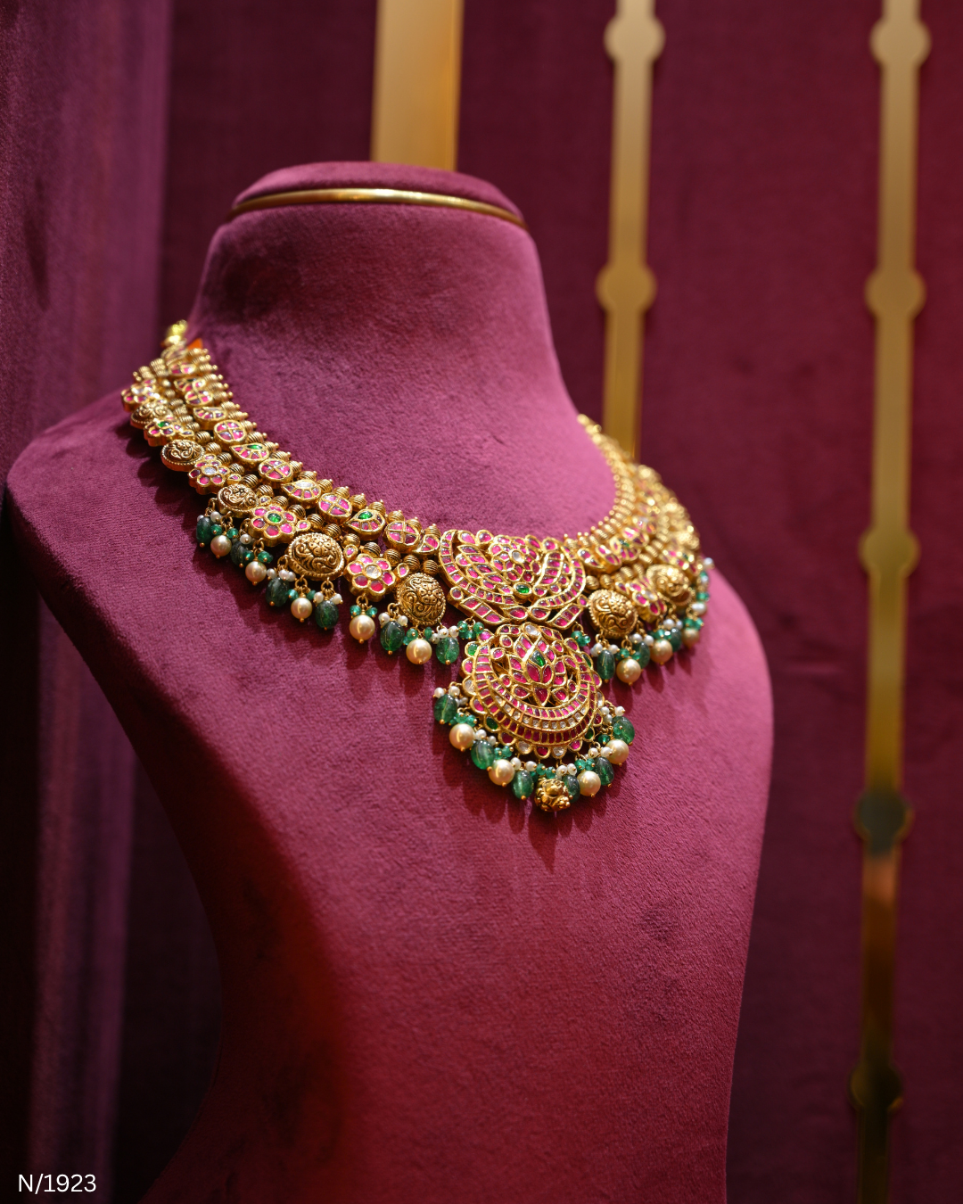 Polki, Ruby, Emerald & Pearl Bridal Statement Necklace | SKU: N/1923