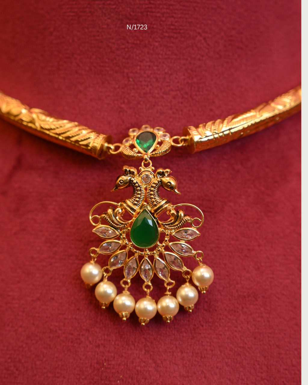 Twin Peacock Pendant Tubular Hasli Necklace with Teardrop Emerald Centerpiece, CZ Polki & Pearl Drops | SKU: N/1723