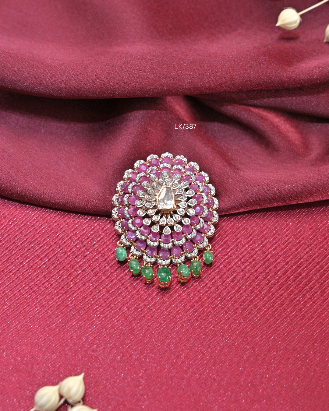 Concentric Ruby & CZ Sunburst Mandala Pendant with Emerald Drops | SKU: LK/387