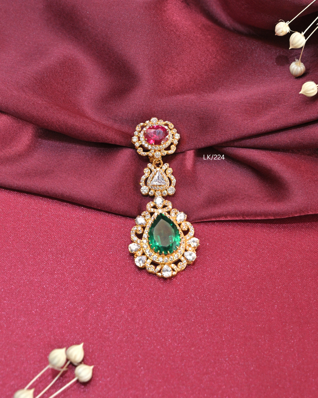 Three-Tier Ruby, Trillion CZ & Teardrop Emerald Halo Pendant | SKU: LK/224