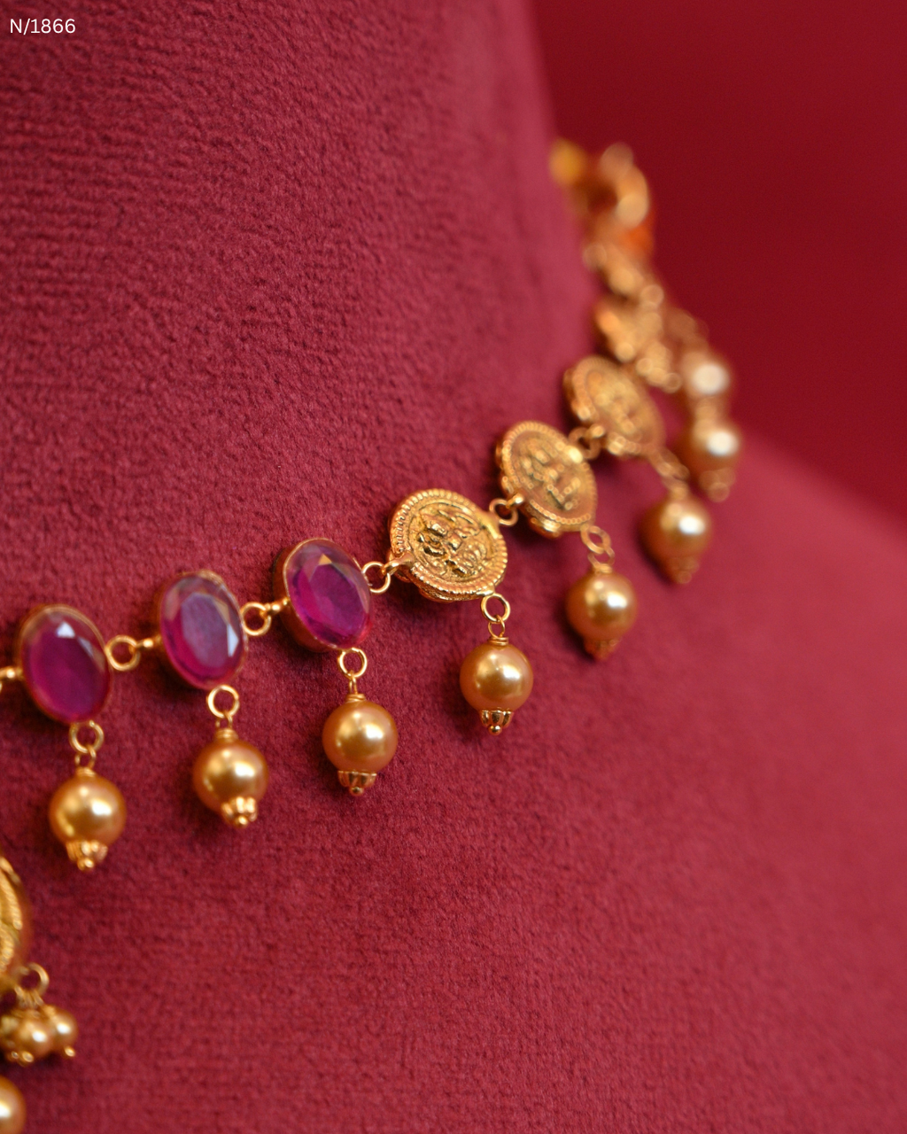 Traditional Ruby Kasu Temple Choker Necklace with Gold Bead Dangles | SKU: N/1866