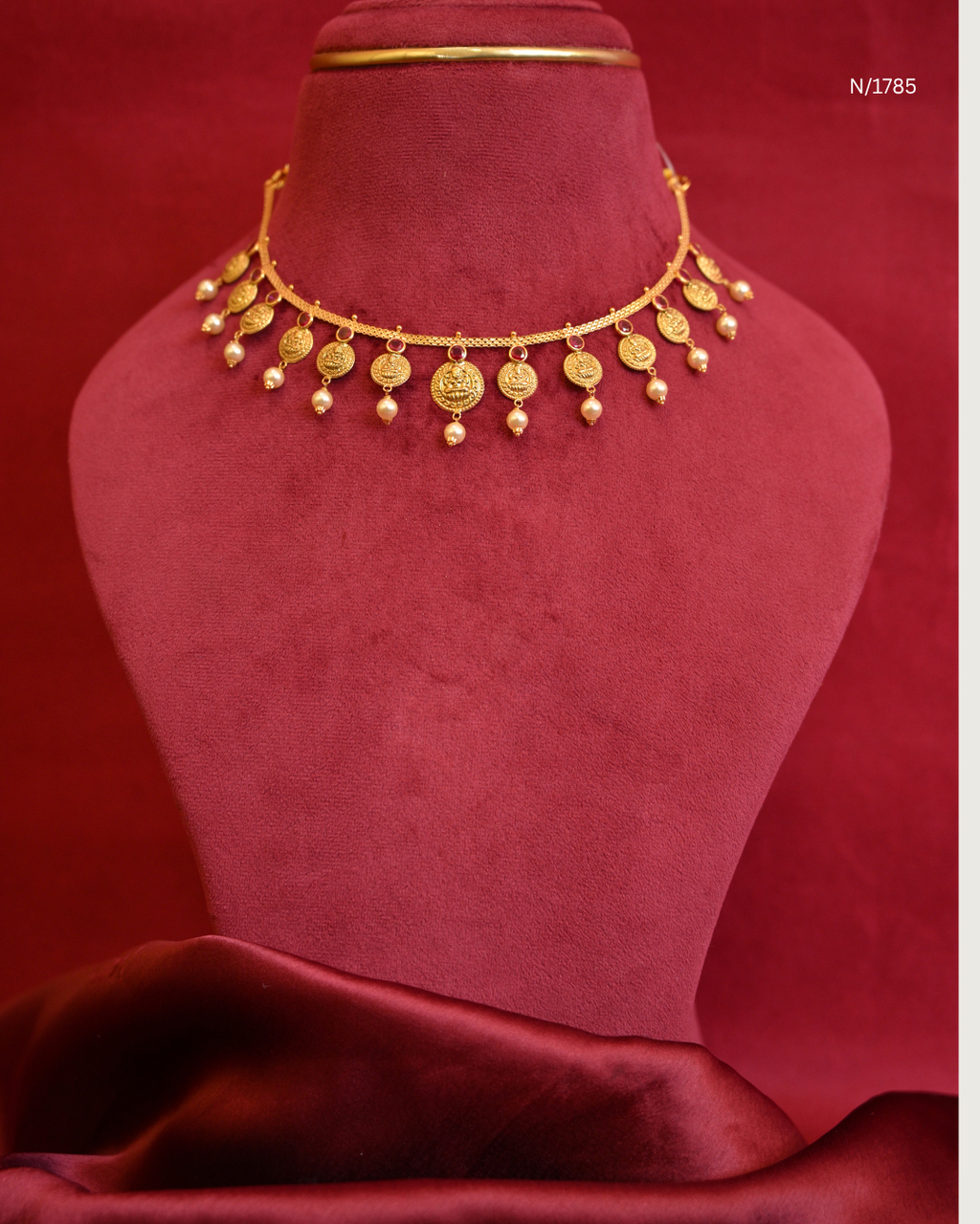 Goddess Lakshmi Kasu (Coin) Station Choker Necklace with Rubies & Pearl Drops | SKU: N/1785