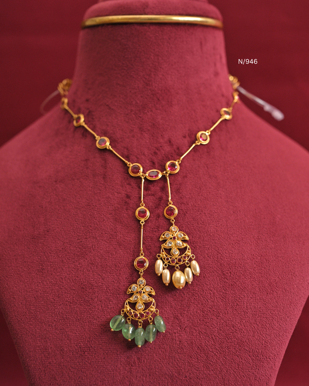 Ruby Station Lariat Necklace with Asymmetrical Pearl & Emerald Chandbali Drops |SKU: N/946