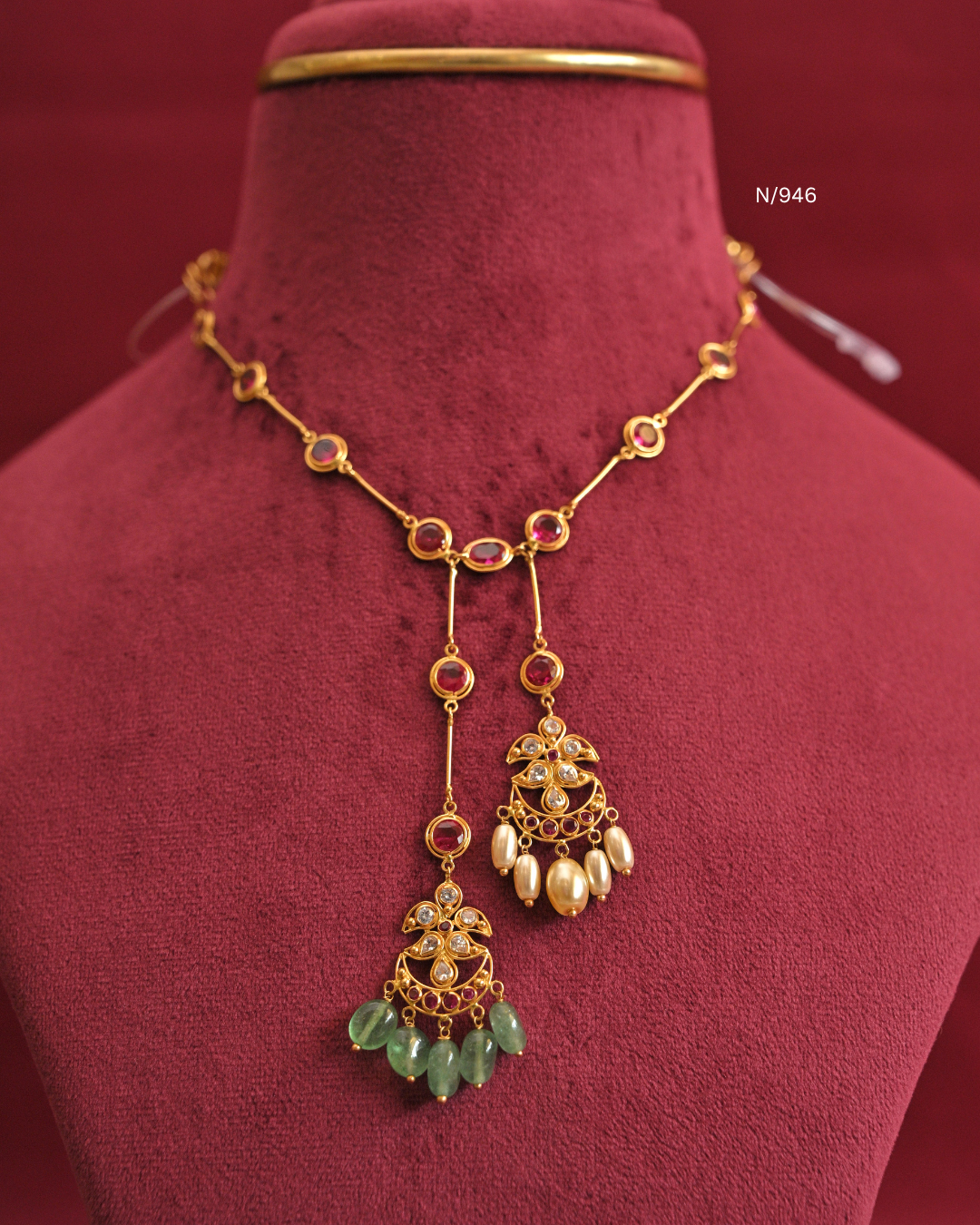 Ruby Station Lariat Necklace with Asymmetrical Pearl & Emerald Chandbali Drops |SKU: N/946
