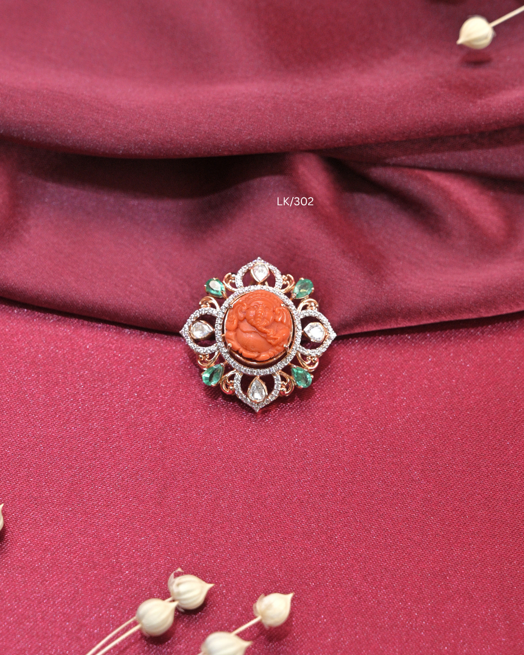 Carved Coral Lord Ganesha CZ & Emerald Mandala Pendant | SKU: LK/302