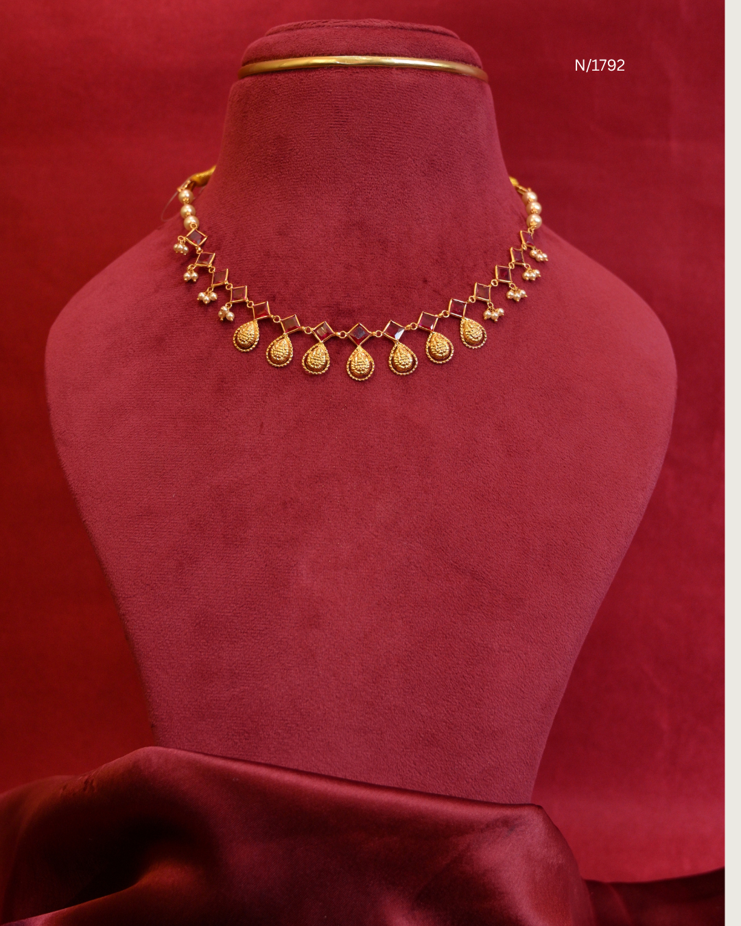 Goddess Lakshmi Coin & Rhombus Ruby Station Choker Necklace with Seed Pearl Drops | SKU: N/1792
