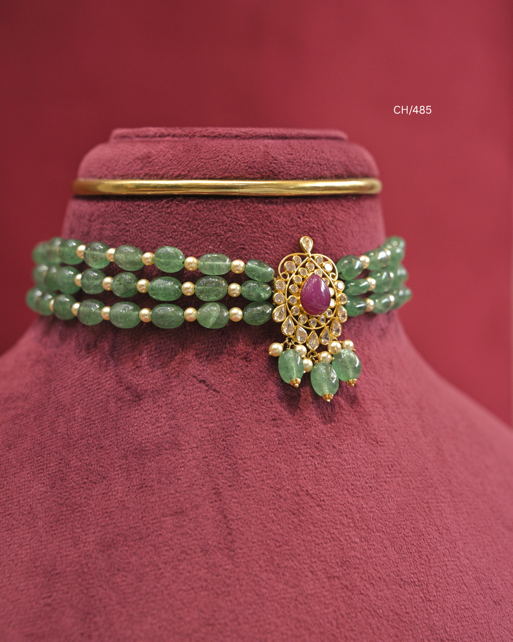 Teardrop Ruby Motif Multi-Strand Emerald Bead Choker | SKU: CH/485