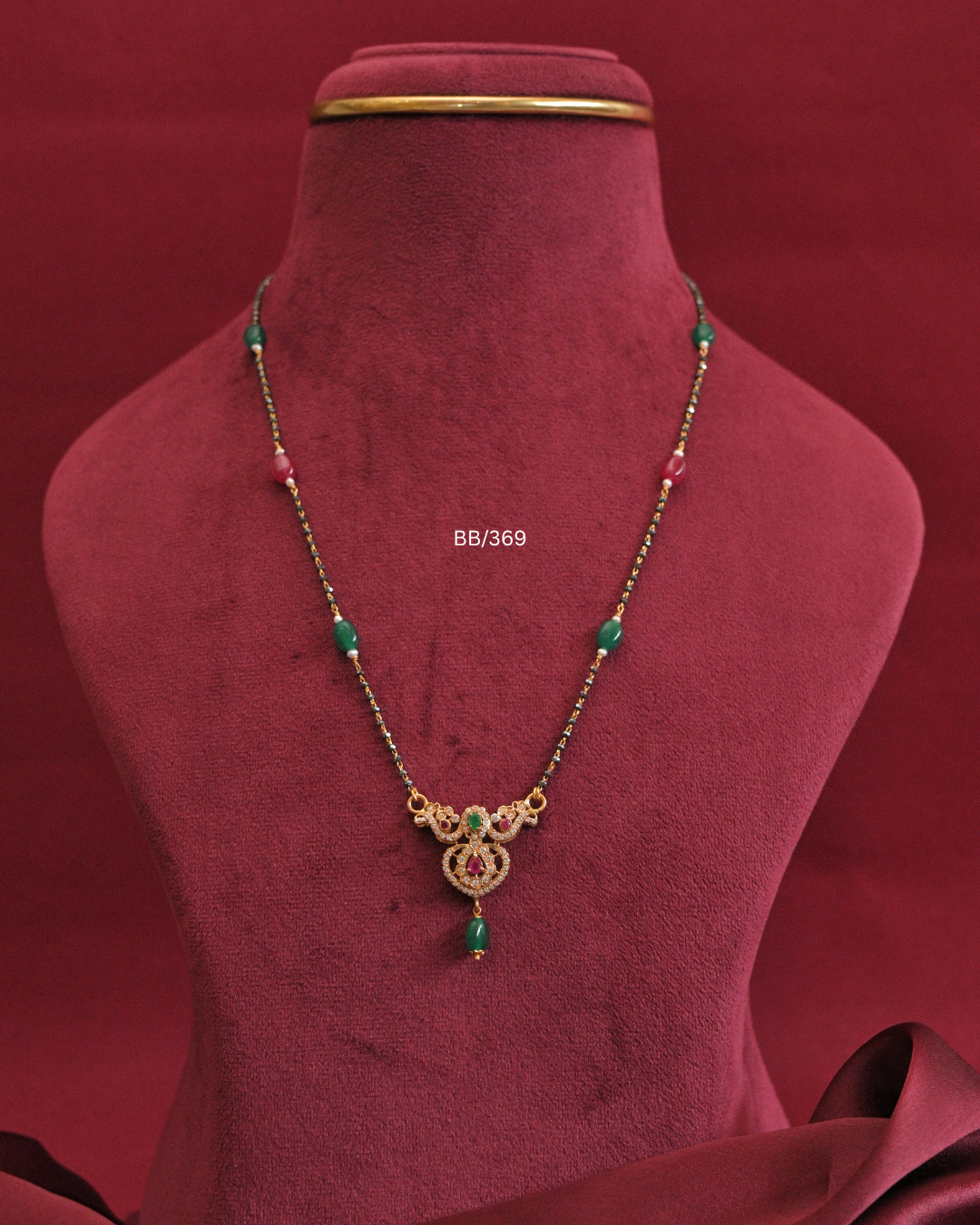 Filigree Pendant Mangalsutra with Ruby & Emerald Station Beads |SKU: BB/369