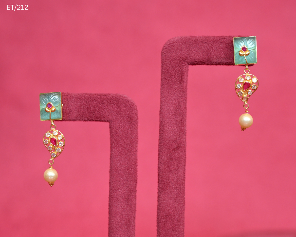 Enamel Mint Polki Ruby & Pearl Drop Earrings | SKU: ET/212