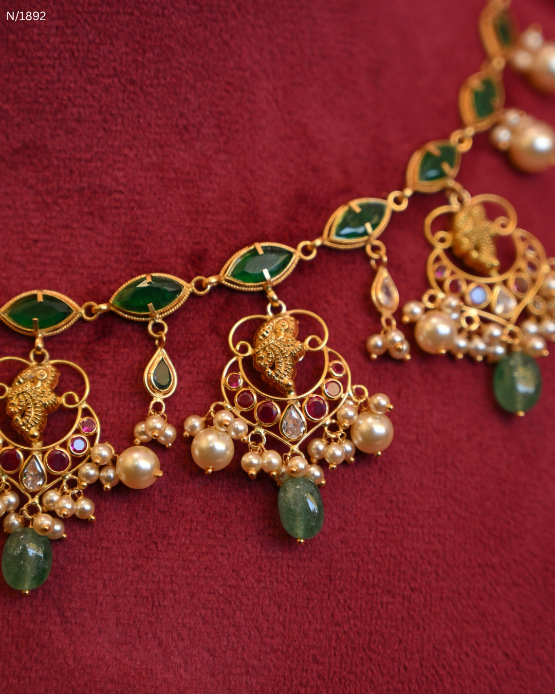 Traditional Marquise Emerald Station Choker with Temple Medallions, Pearl Clusters & Emerald Drops | SKU: N/1892