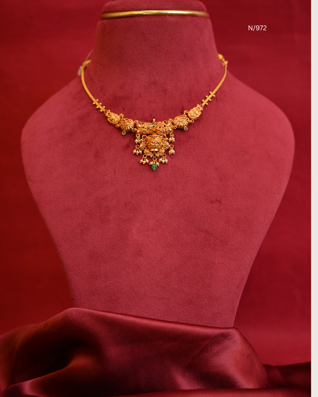 Sacred Kalash & Peacock Nakshi Temple Necklace with Rubies, Emeralds, Seed Pearls & Emerald Drop | SKU: N/972