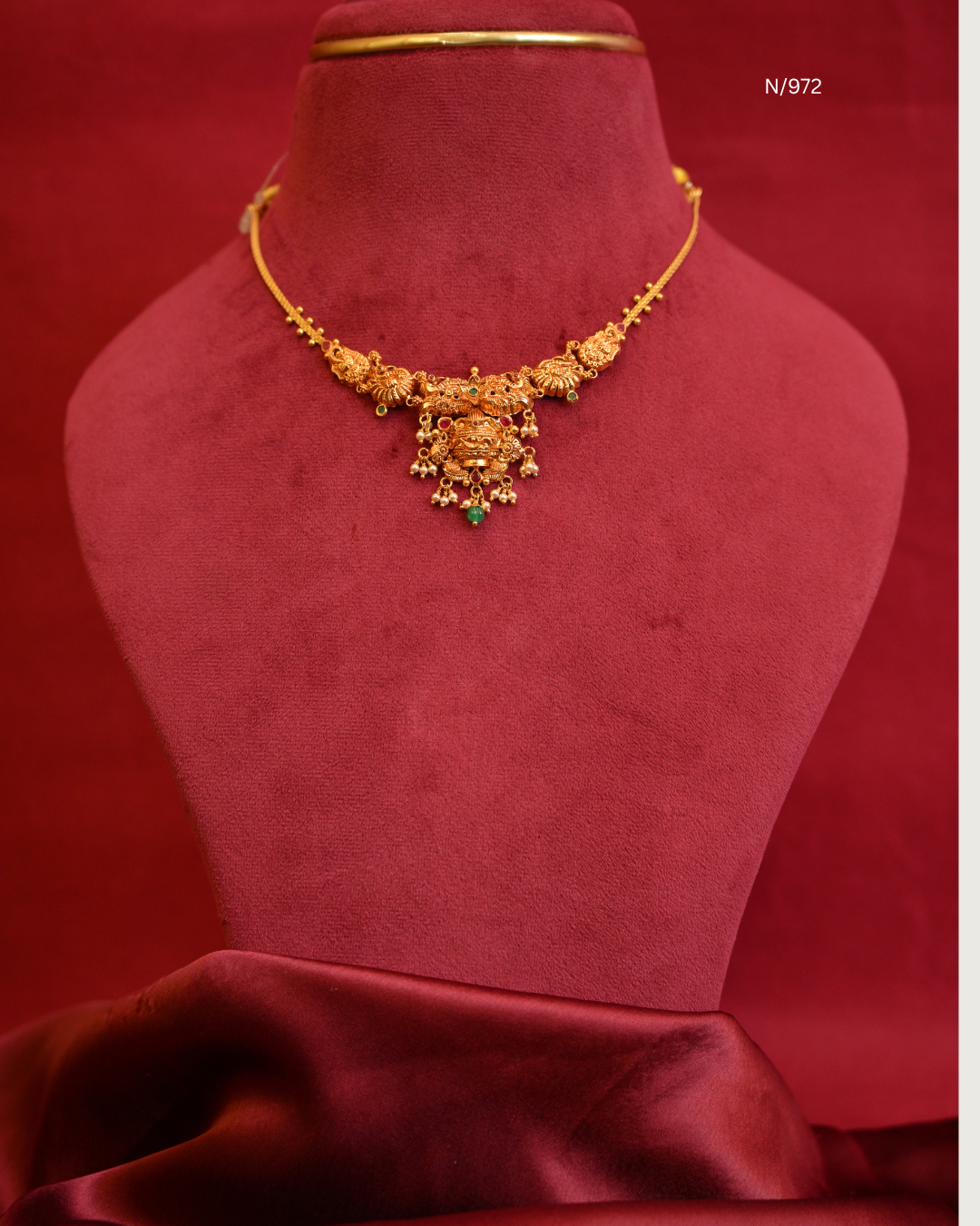 Sacred Kalash & Peacock Nakshi Temple Necklace with Rubies, Emeralds, Seed Pearls & Emerald Drop | SKU: N/972