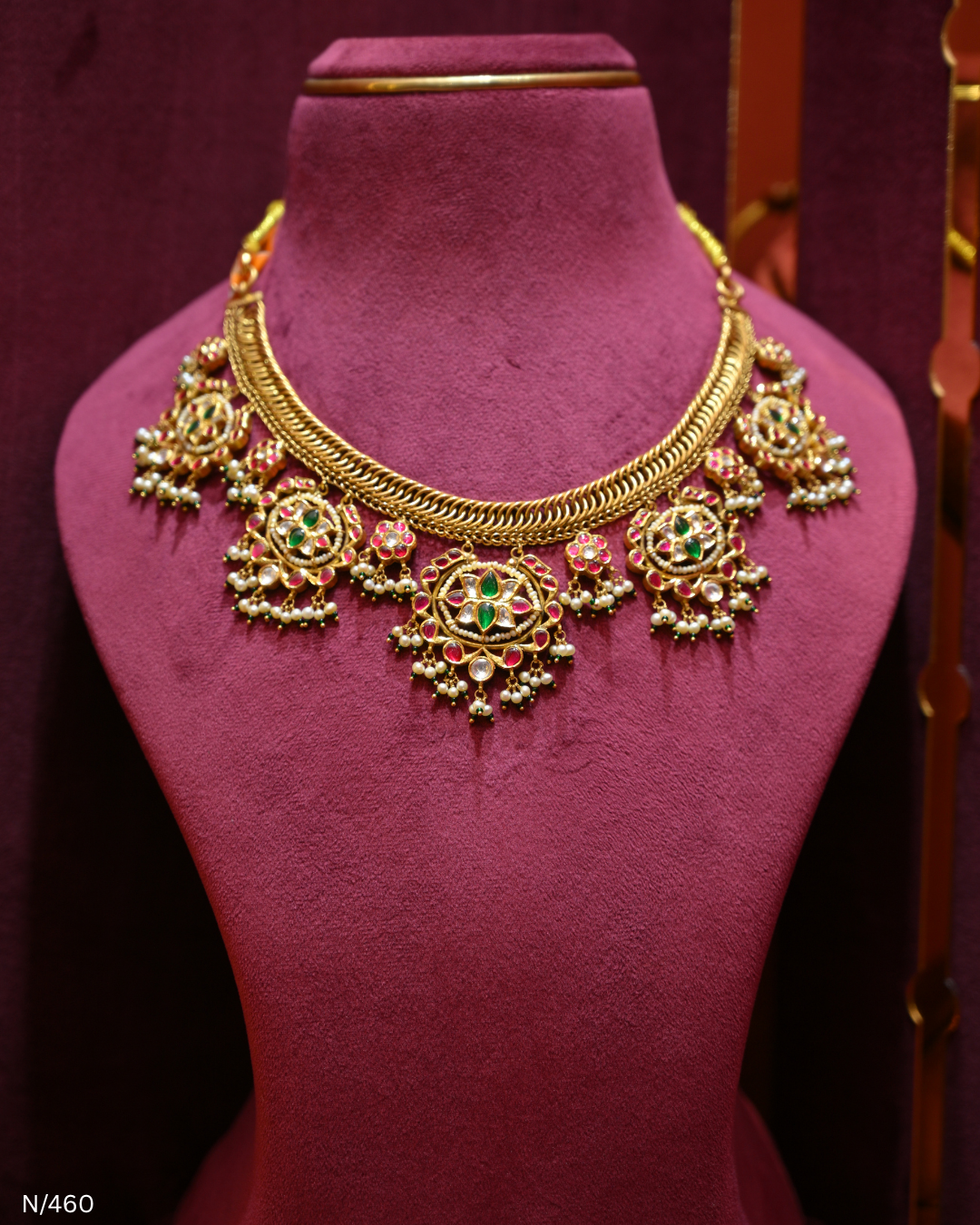Polki Ruby Emerald & Pearl Statement Necklace | SKU: N/460