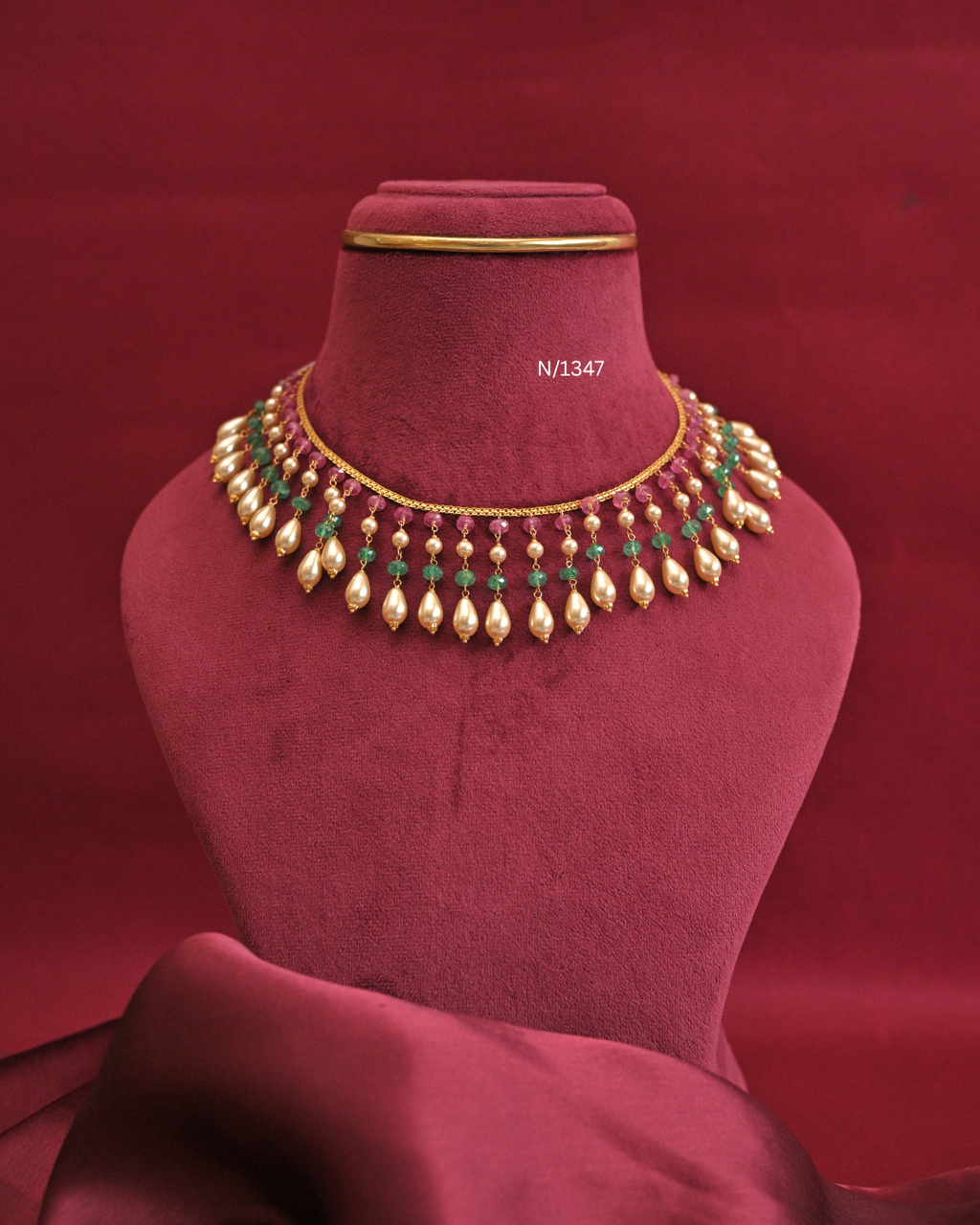 Ruby & Emerald Bead Necklace with Teardrop South Sea Pearl Drops |SKU: N/1347