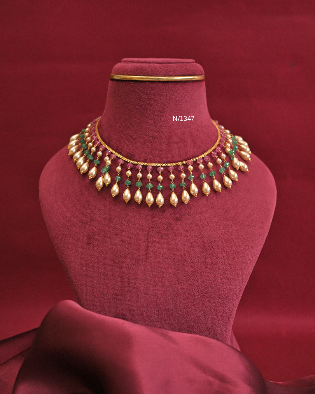 Ruby & Emerald Bead Necklace with Teardrop South Sea Pearl Drops |SKU: N/1347