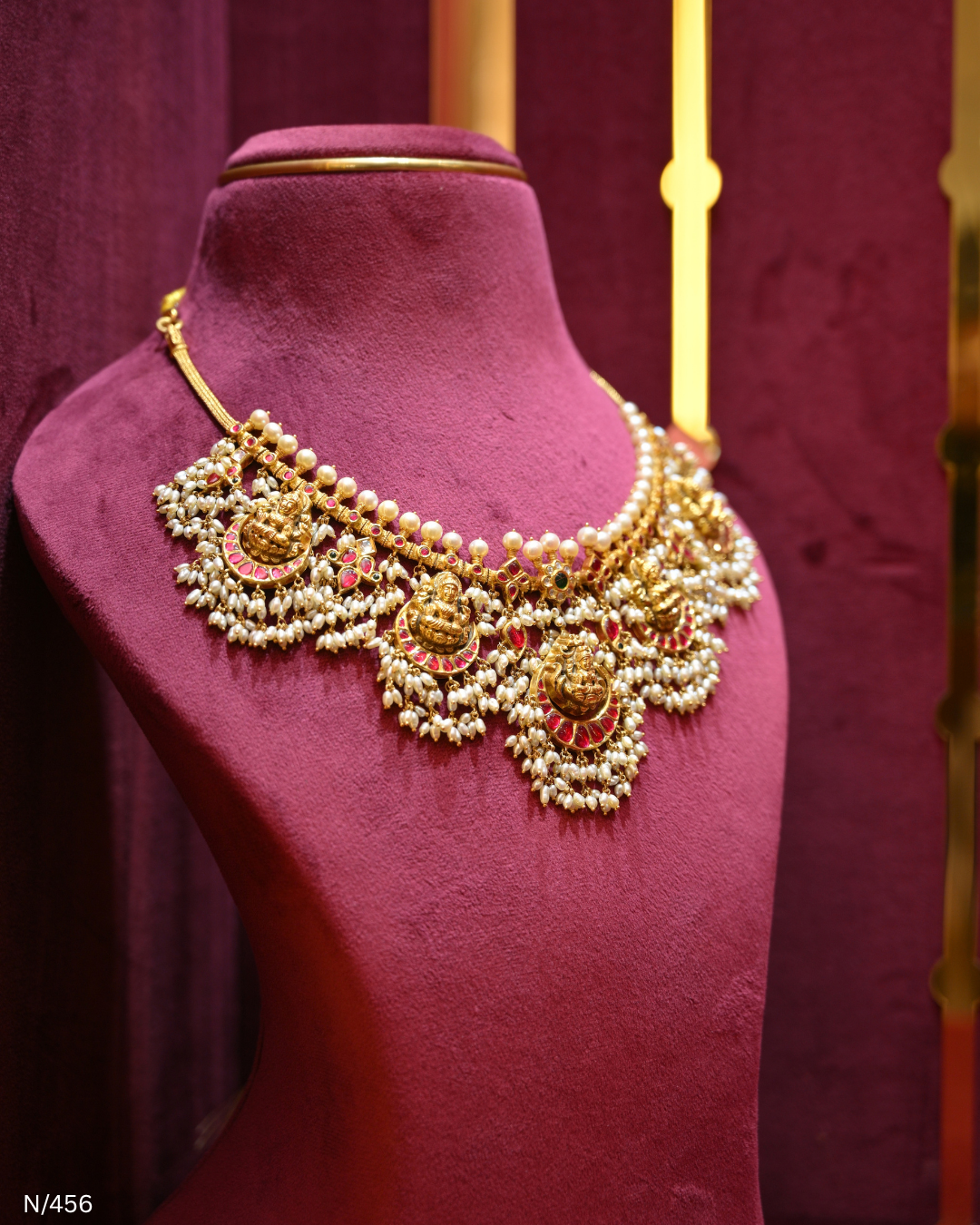 Antique Gold Temple Lakshmi Nakshi, Ruby & Pearl Bridal Necklace | SKU: N/456