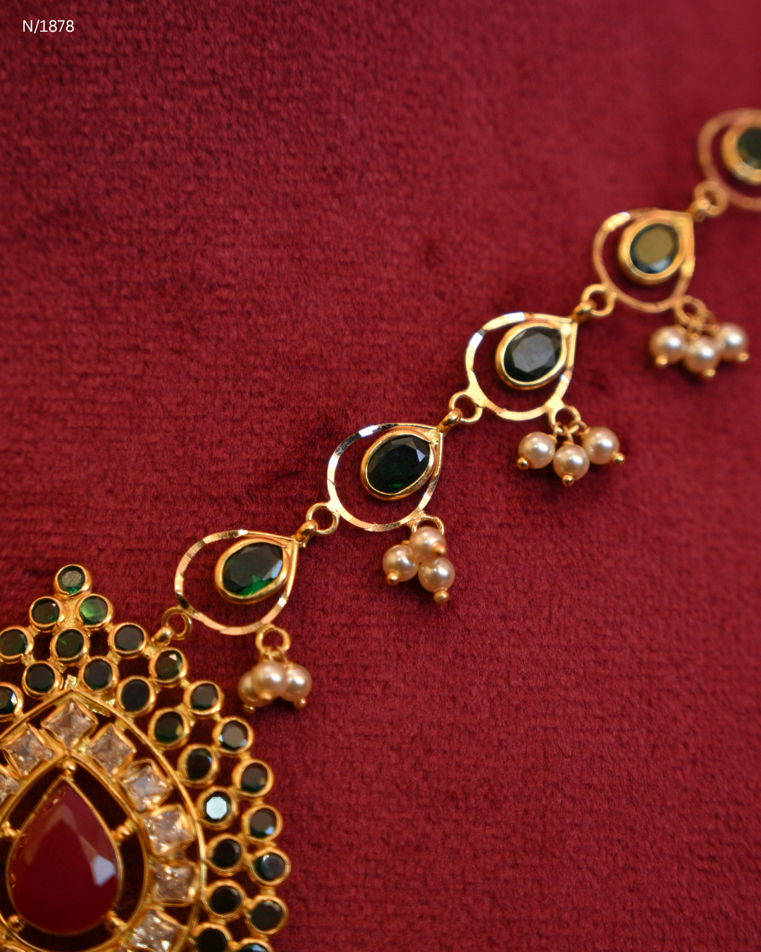 Emerald Cabochon Station Necklace with Teardrop Ruby & CZ Medallion | SKU: N/1878