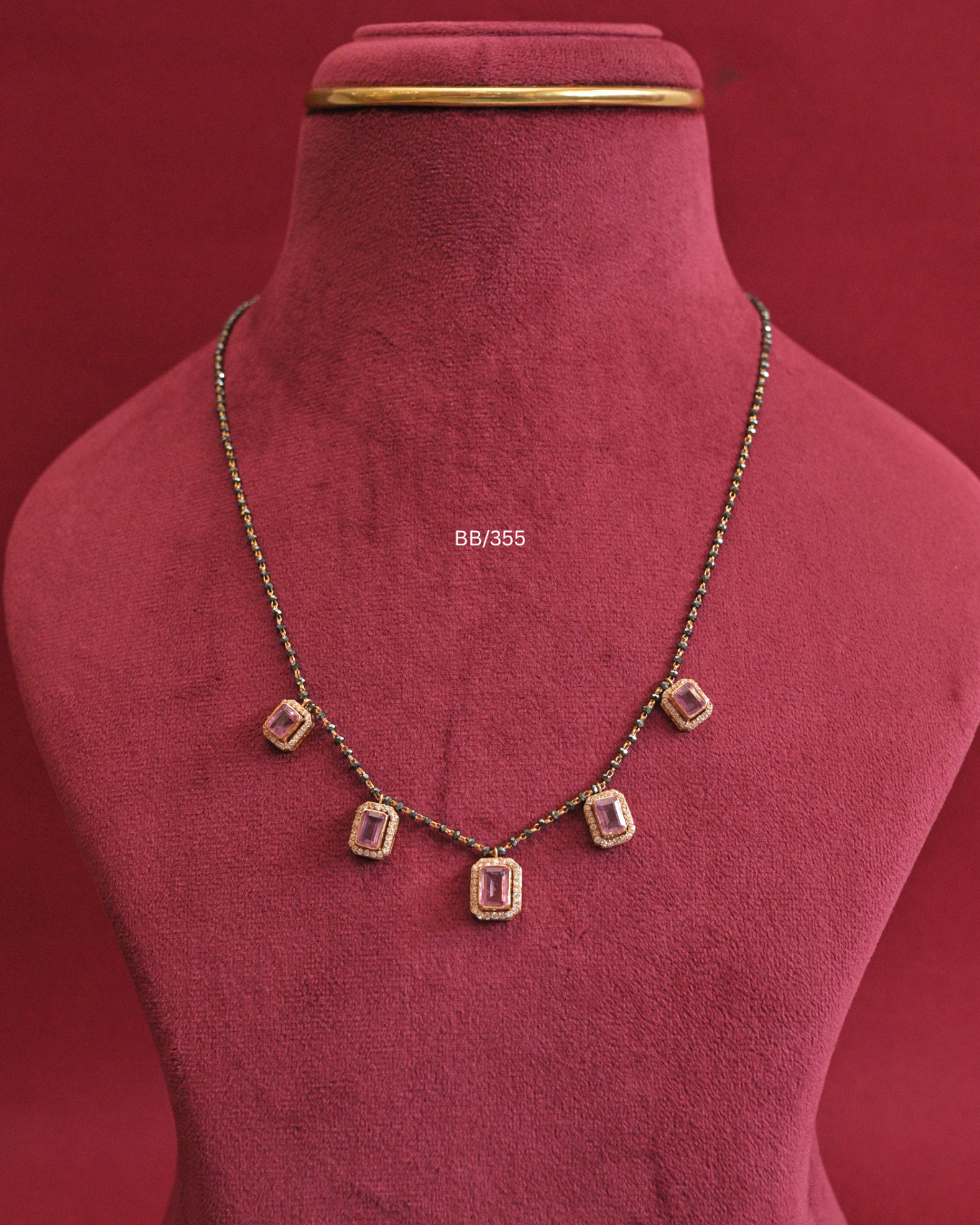Pink Emerald-Cut Gemstone & CZ Halo 5-Station Mangalsutra | SKU: BB/355