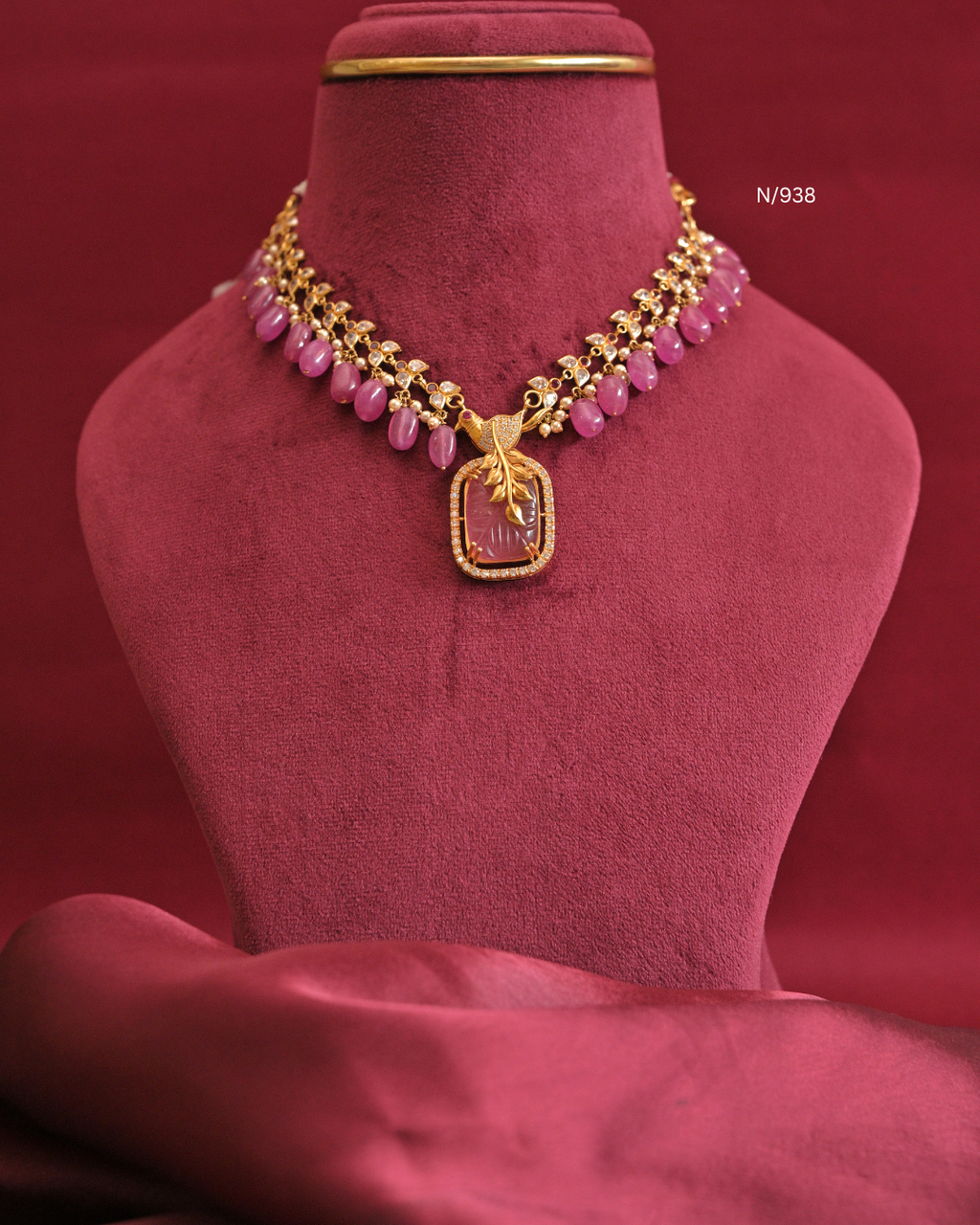 Carved Pink Gemstone Tablet & CZ Peacock Necklace with Pink Oval Bead Drops |SKU: N/938