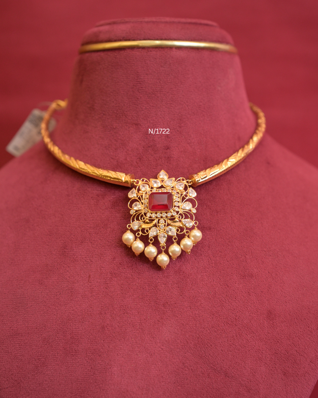 Cushion Ruby & CZ Polki Openwork Pendant Tubular Hasli |SKU: N/1722