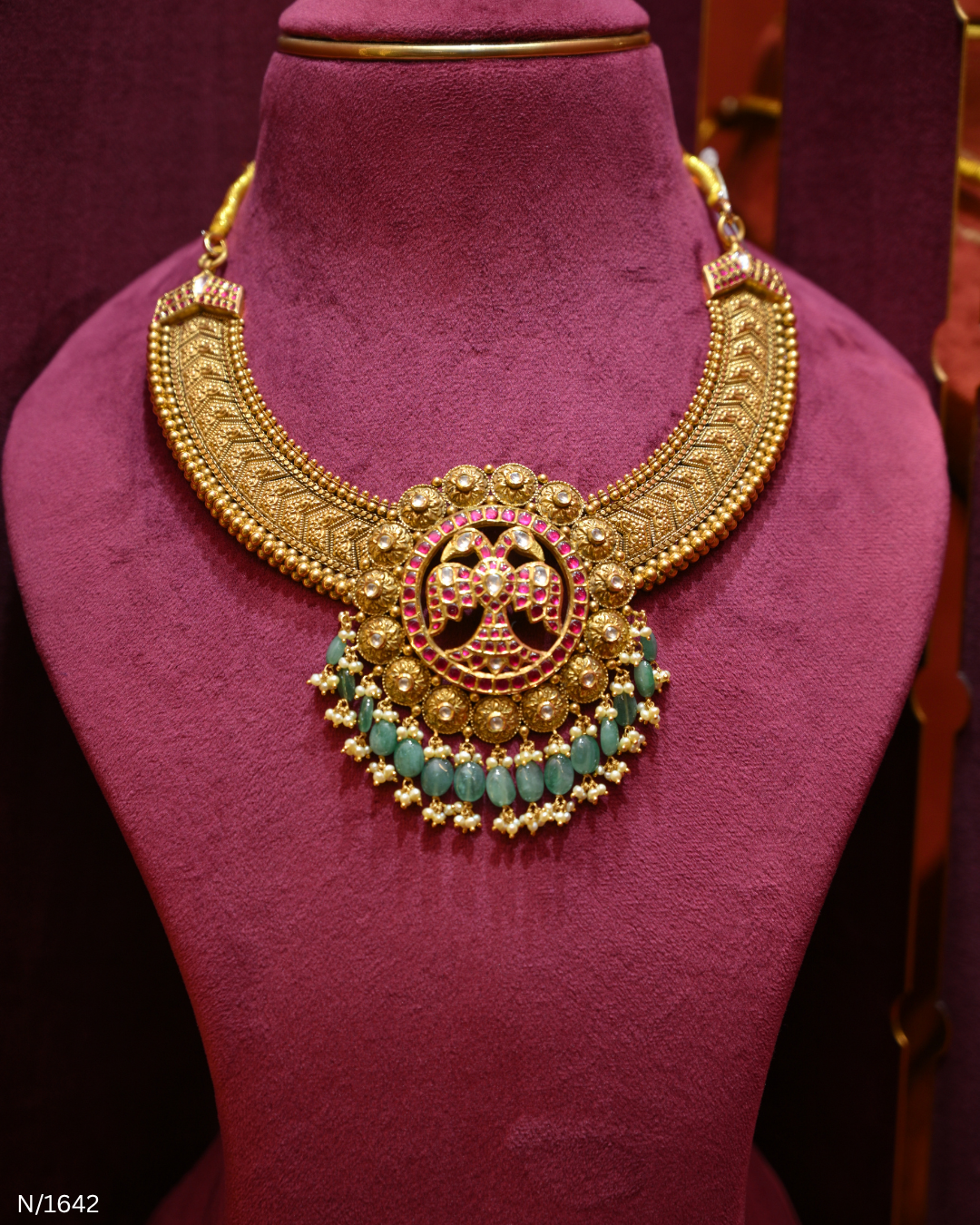 Antique Gold Temple Double-Peacock Nakshi & Green Bead Necklace | SKU: N/1642