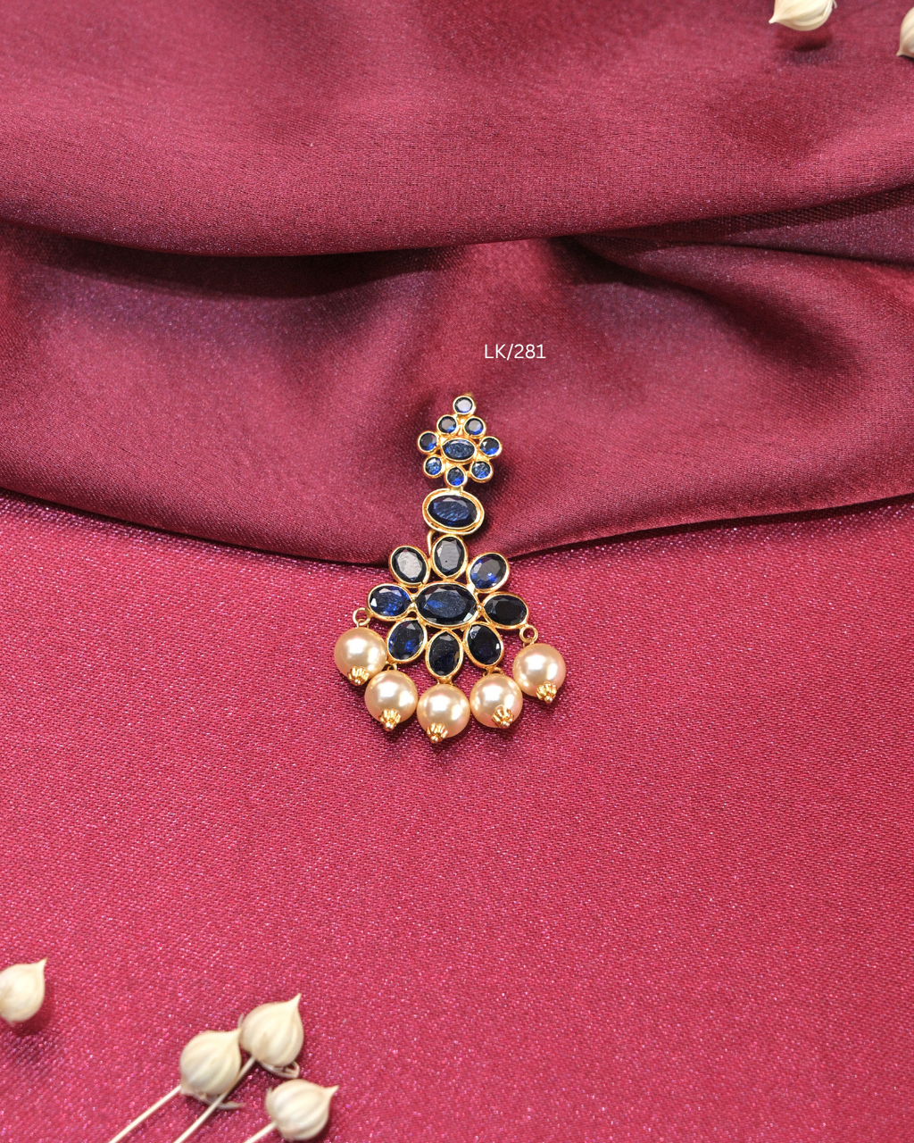 Royal Blue Gemstone Floral Two-Tier Pendant with Pearl Drops | SKU: LK/281