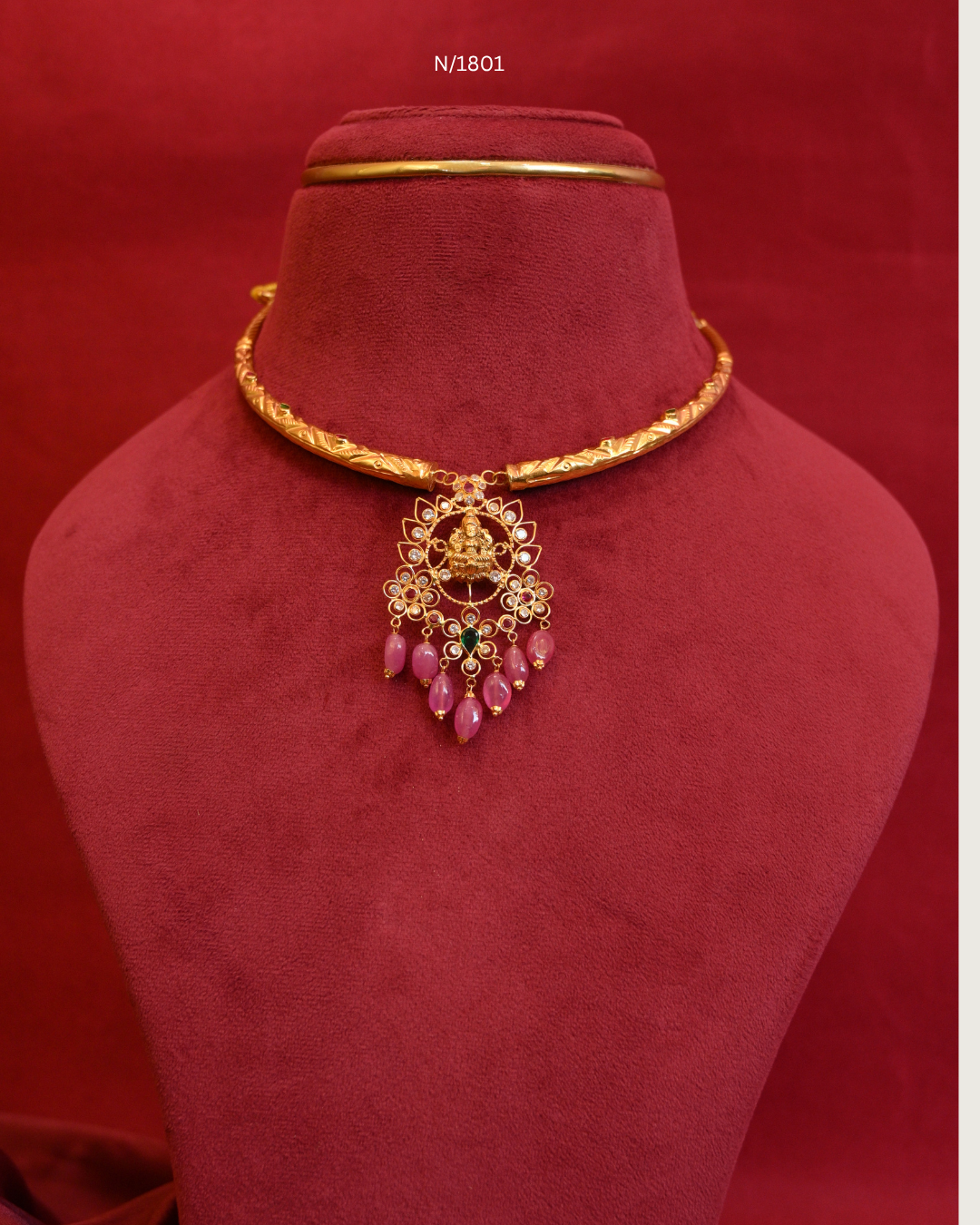 Goddess Lakshmi Nakshi & Floral Openwork Pendant Tubular Hasli Necklace with CZ, Emerald Accent & Pink Ruby Bead Drops | SKU: N/1801