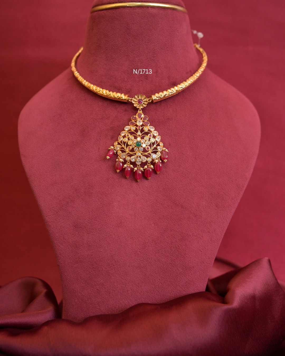Floral Filigree Pendant Tubular Hasli with Rubies, Emerald & Ruby Bead Drops |SKU: N/1713