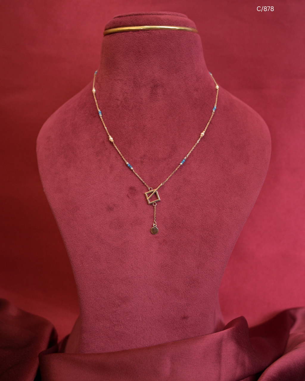 Gold Turquoise & Pearl Beaded Station Y-Necklace with Geometric Square Frame & Disc Drop | SKU: C/878