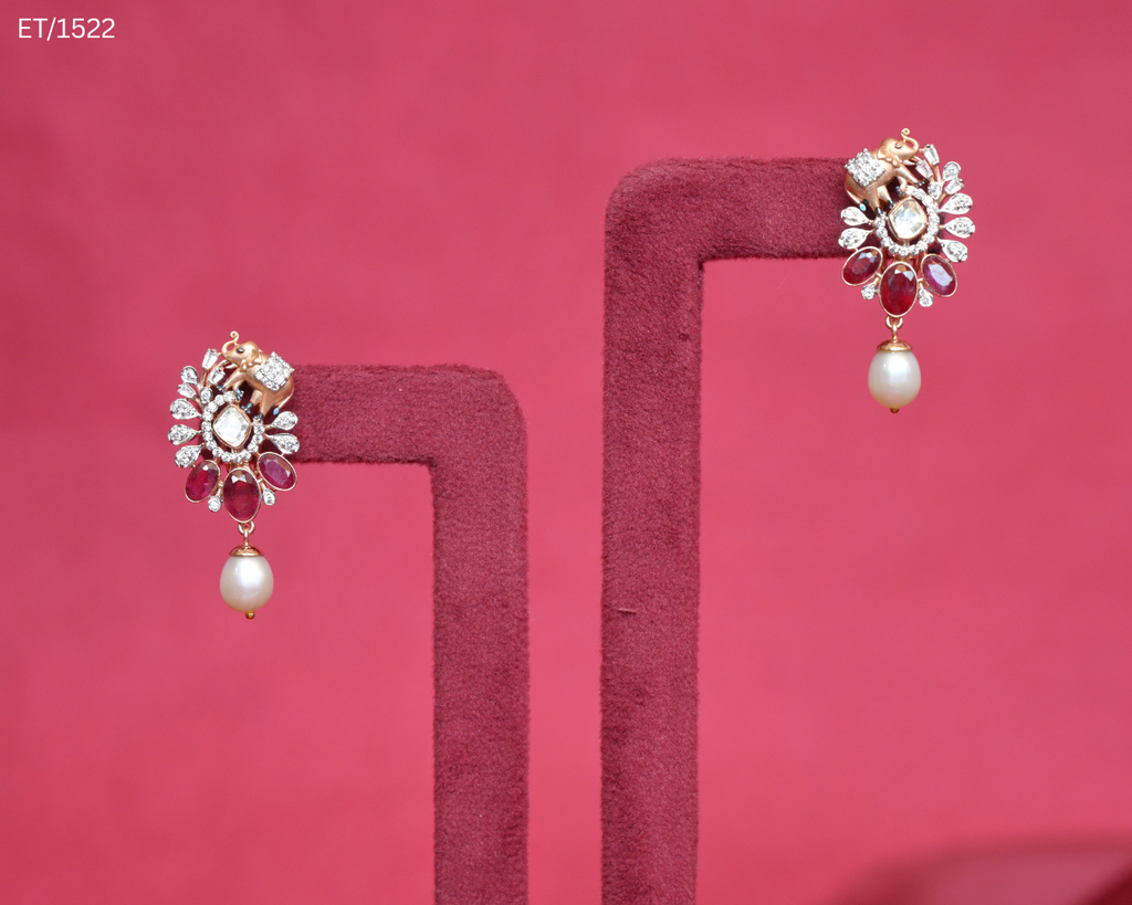 Polki Ruby Elephant Motif & Pearl Drop Earrings | SKU: ET/1522