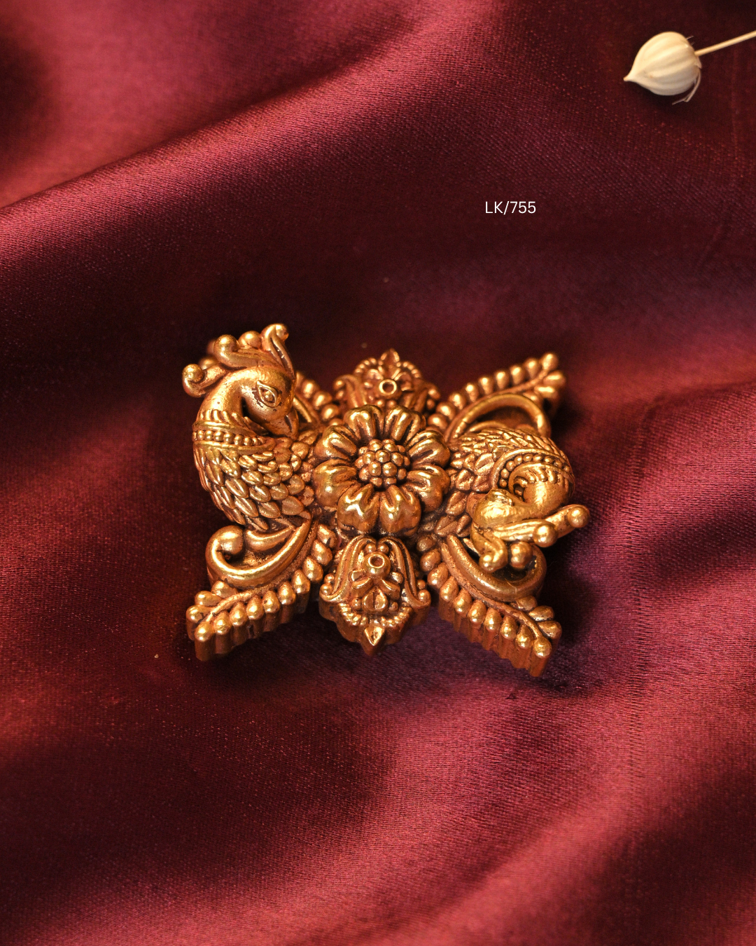 Antique Gold Twin Peacock & Floral Bloom Nakshi Temple Pendant |SKU: LK/755