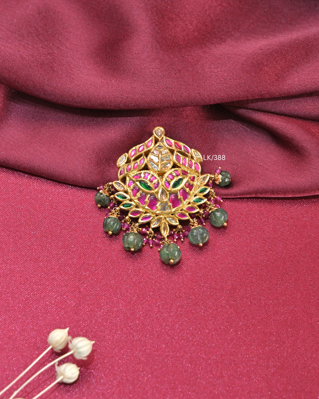 Antique Floral Kundan Medallion Pendant with Carved Emerald Drops |SKU: LK/388