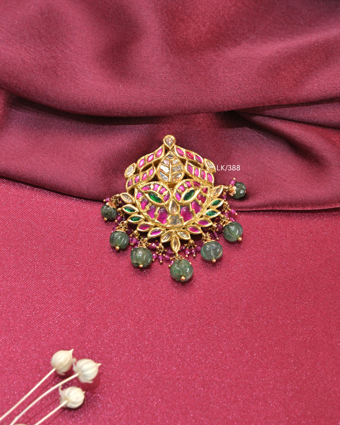 Antique Floral Kundan Medallion Pendant with Carved Emerald Drops |SKU: LK/388