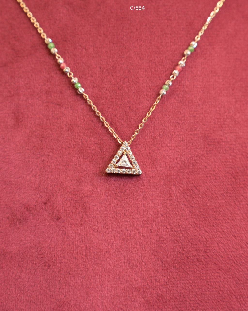 Green & Pearl Beaded Station Necklace with Initial "A" Pave CZ Triangular Pendant | SKU: C/884