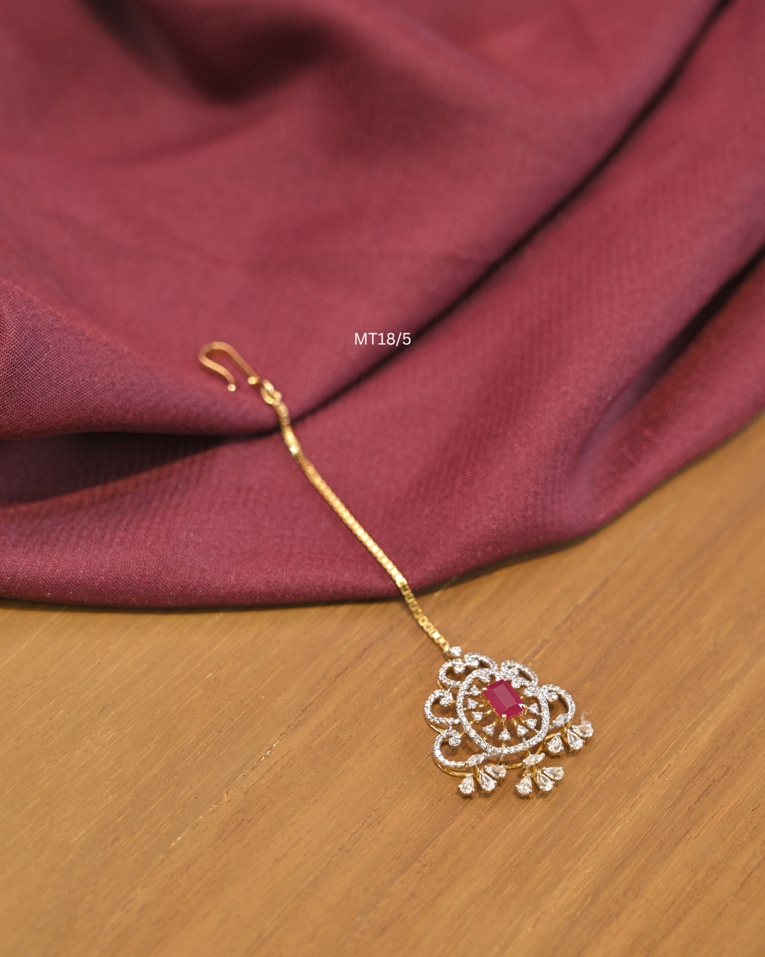 Octagonal Ruby & Floral CZ Filigree Medallion Maang Tikka |SKU: MT18/5