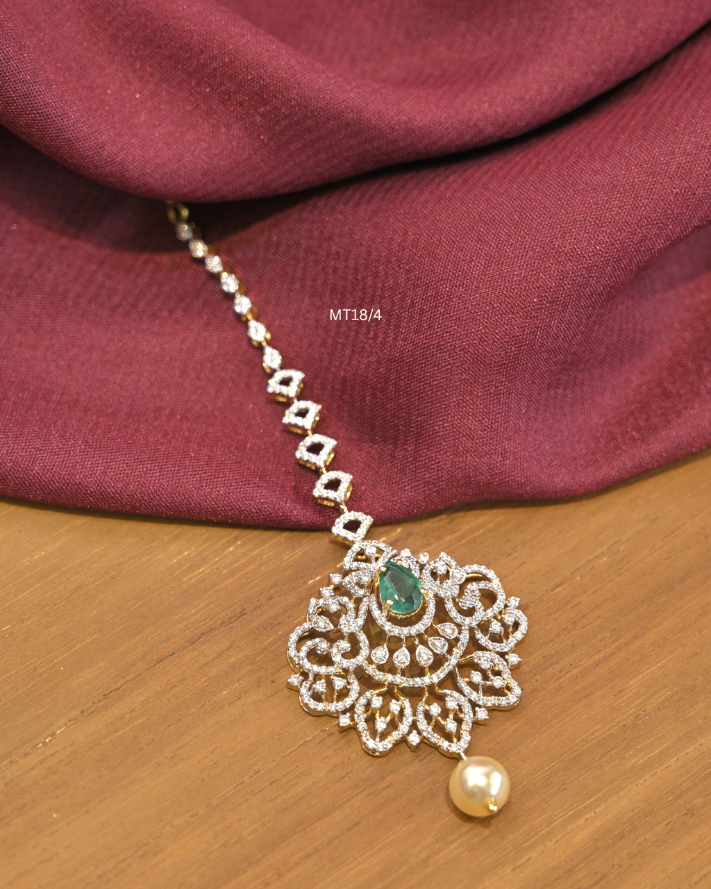 Teardrop Emerald & Floral CZ Lace Medallion Maang Tikka | SKU: MT18/4