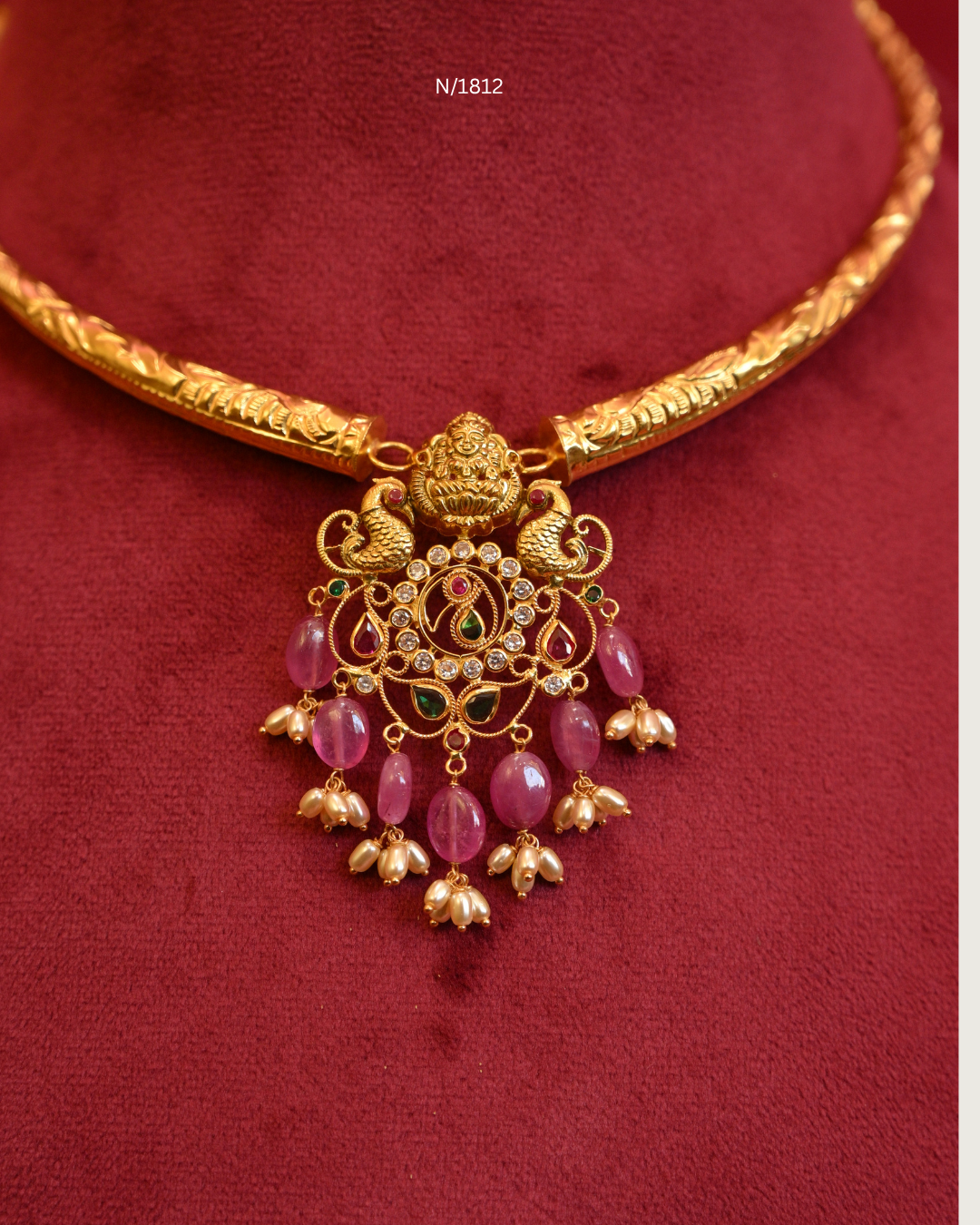Goddess Lakshmi & Twin Peacock Nakshi Pendant Tubular Hasli Necklace with Rubies, Emeralds, CZ & Pink Ruby Bead Drops | SKU: N/1812