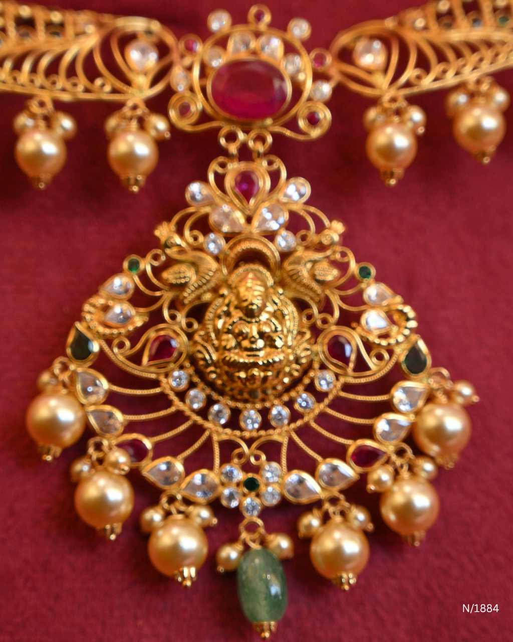 Goddess Lakshmi & Peacock Openwork Temple Choker Necklace with Pearl Bead Drops | SKU: N/1884