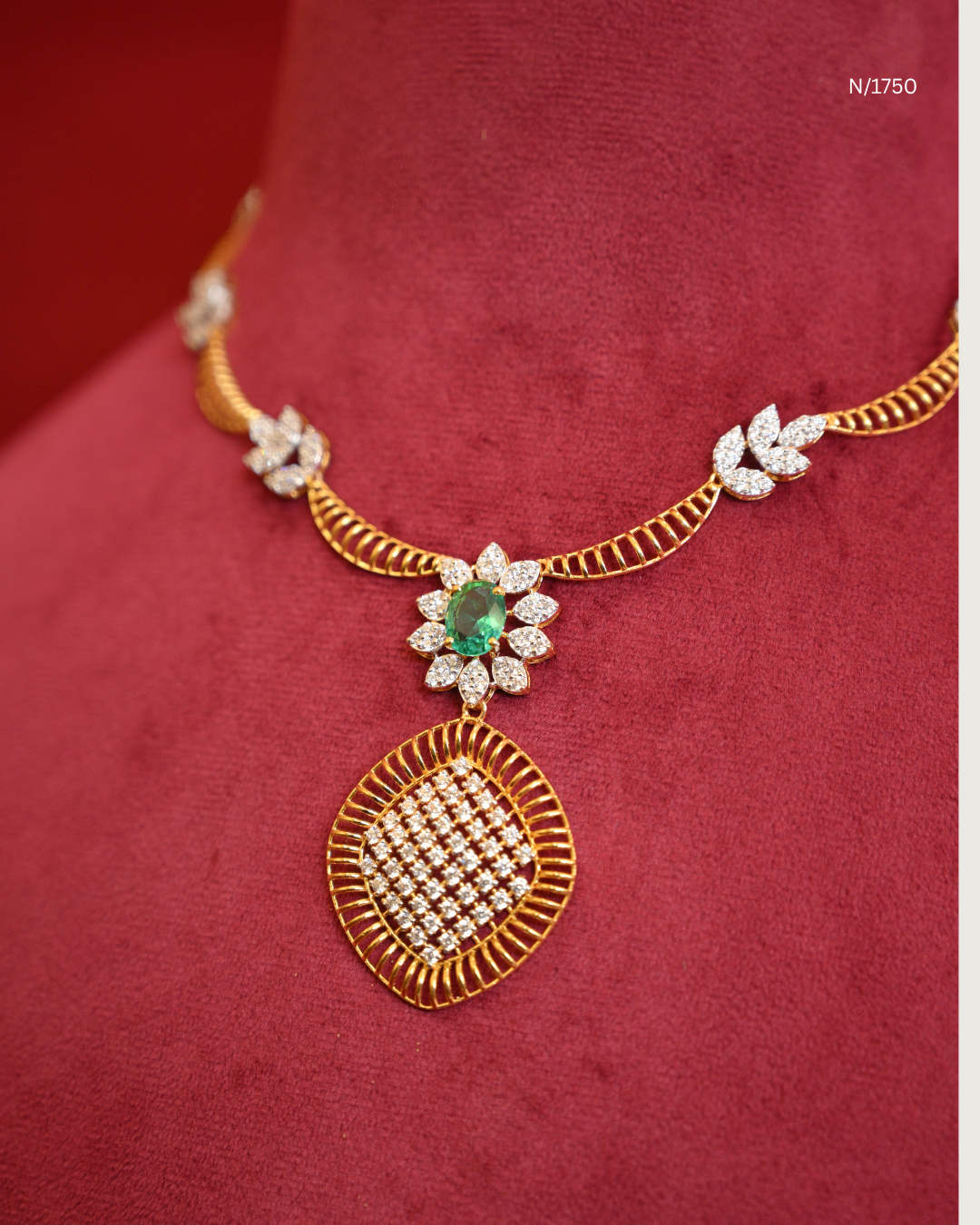 Architectural Rhombus CZ Medallion & Emerald Pendant Hasli-Style Necklace | SKU: N/1750