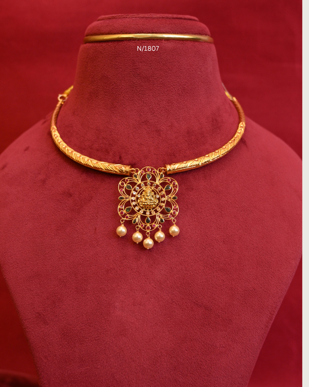 Goddess Lakshmi Floral Openwork Pendant Tubular Hasli Necklace with Rubies, Emeralds, CZ & Pearl Drops | SKU: N/1807