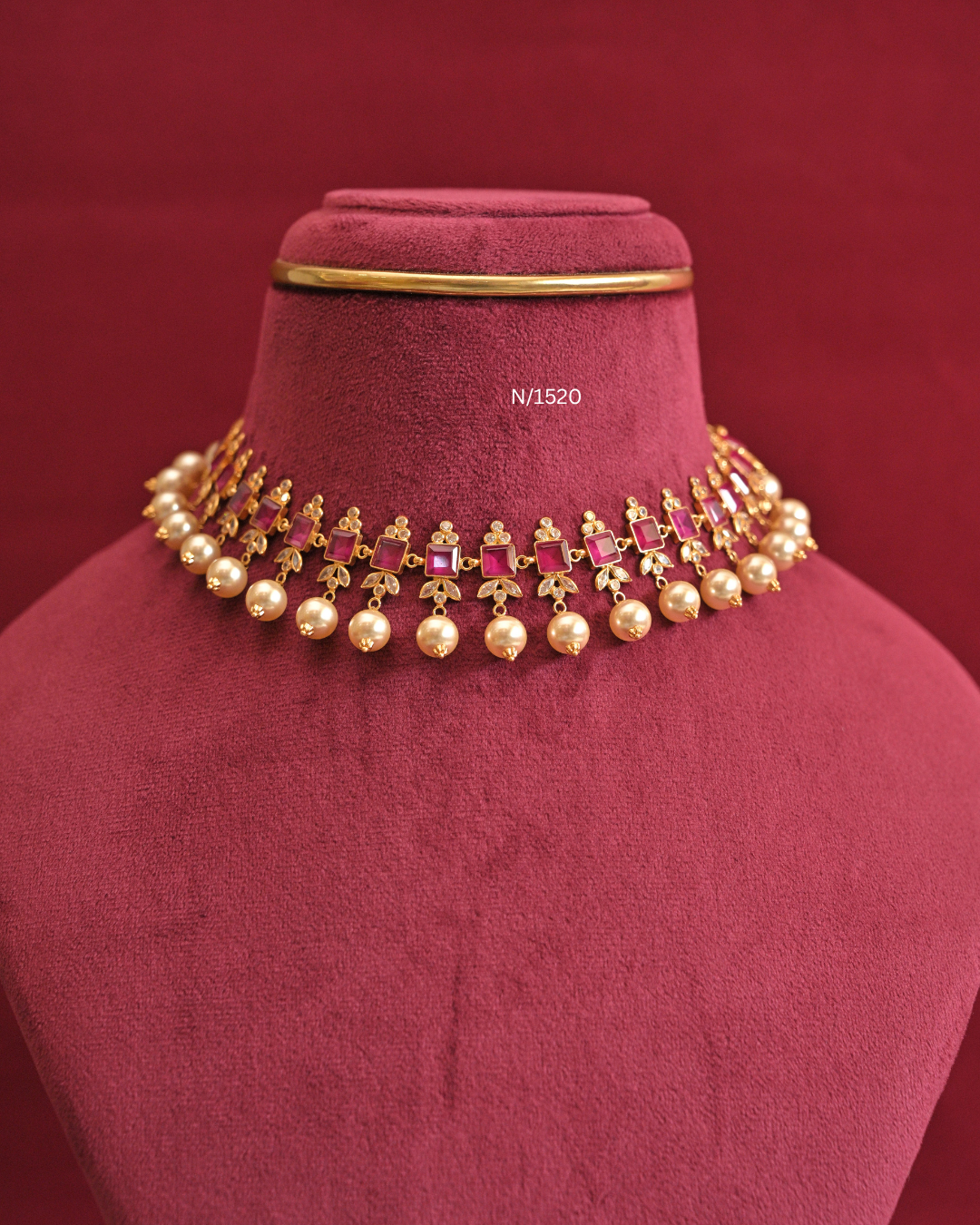 Baguette Ruby & CZ Leaf Necklace with South Sea Pearl Drops |SKU: N/1520