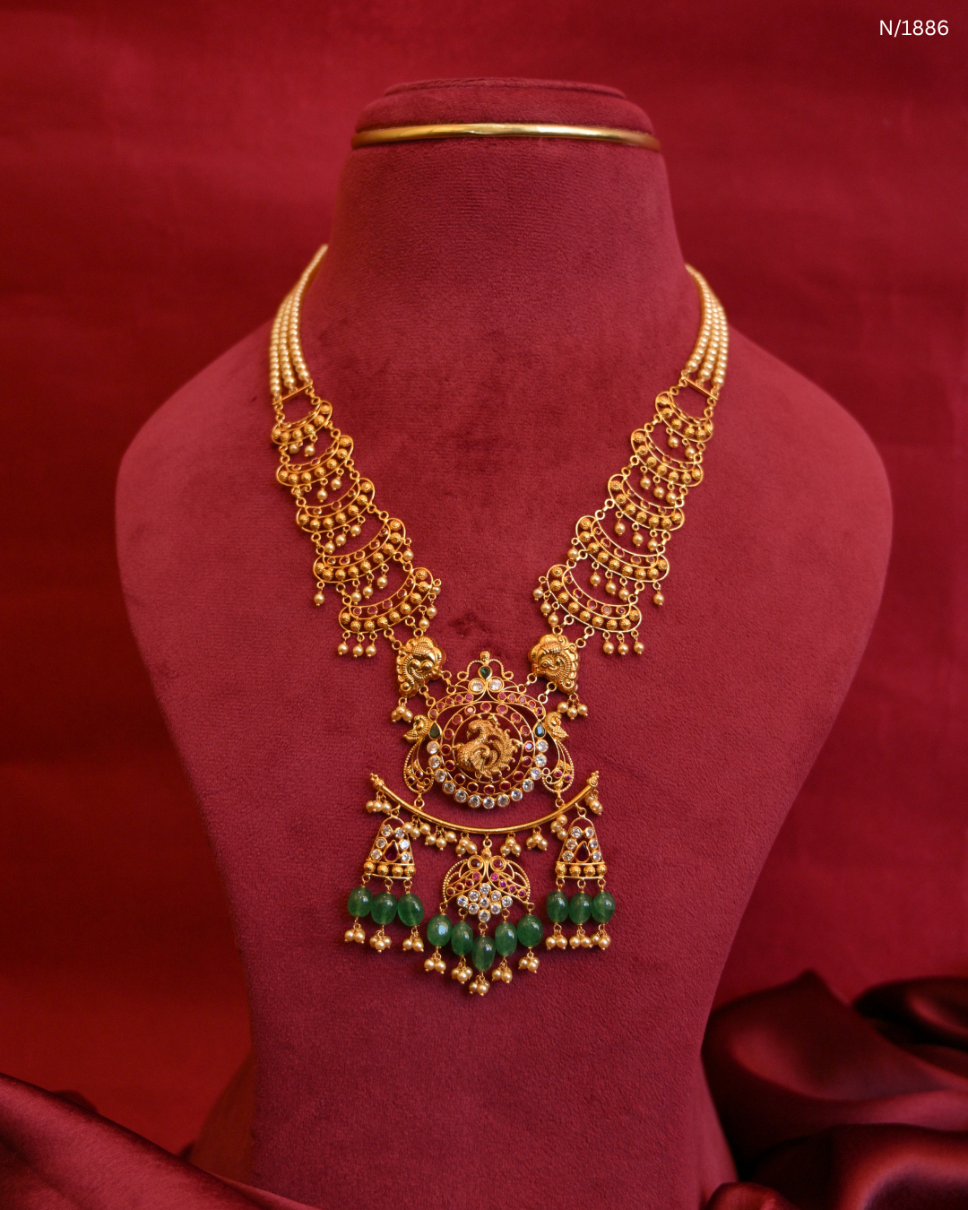 Grand Peacock Nakshi Temple Haram with Multi-Strand Pearls & Emerald Tassels | SKU: N/1886