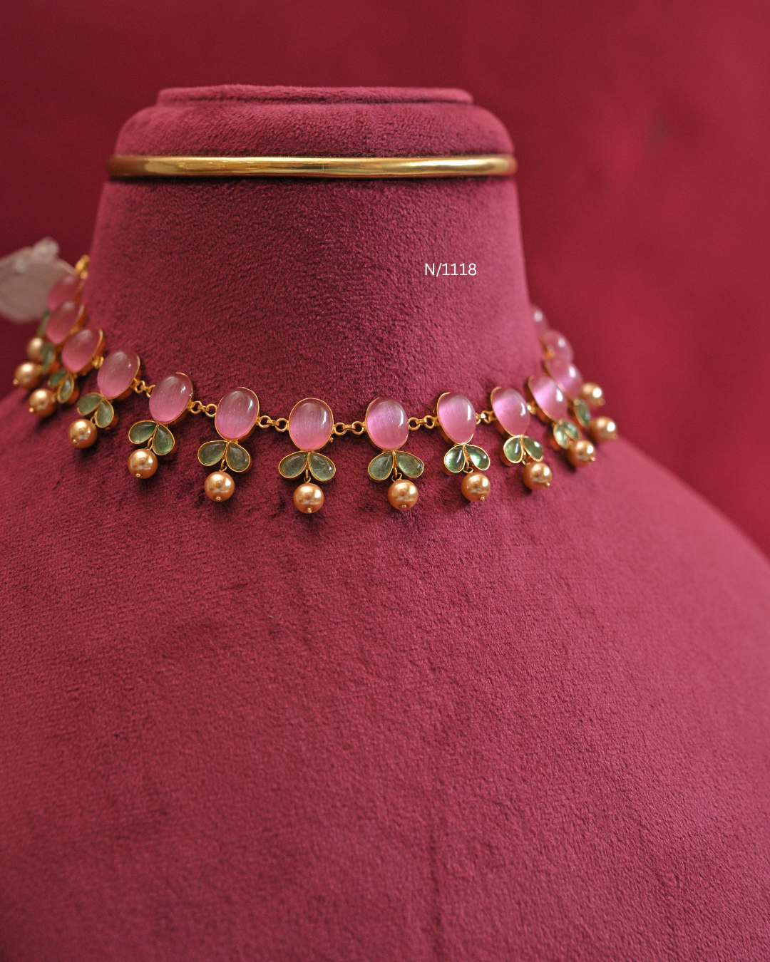 Pink Cabochon & Green Leaf Necklace with Gold Ball Drops |SKU: N/1118