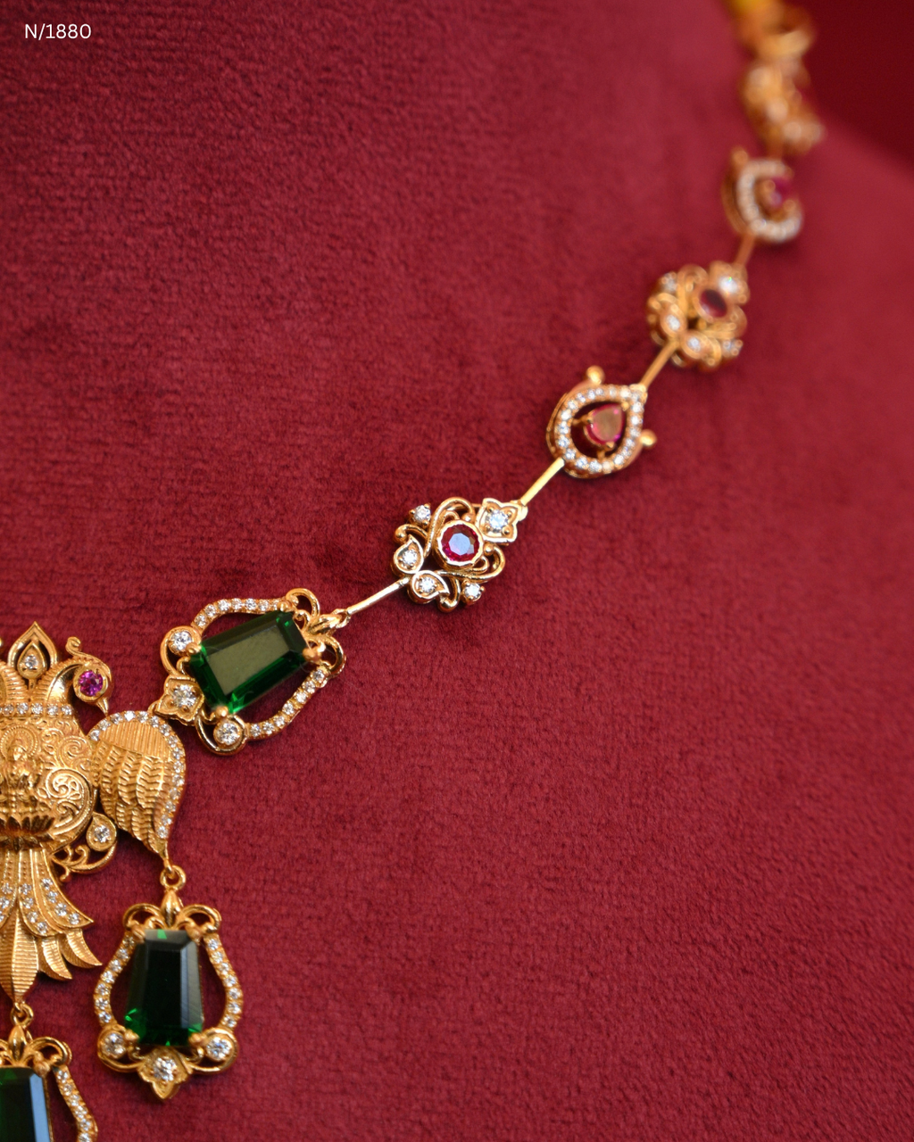 Traditional Winged Peacock Nakshi & Green Emerald Gemstone Temple Necklace | SKU: N/1880