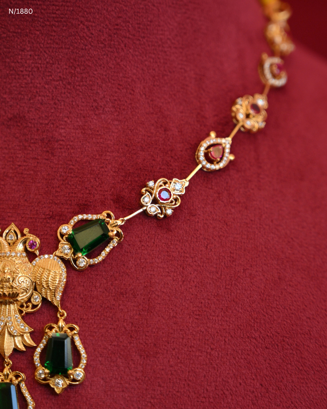 Traditional Winged Peacock Nakshi & Green Emerald Gemstone Temple Necklace | SKU: N/1880
