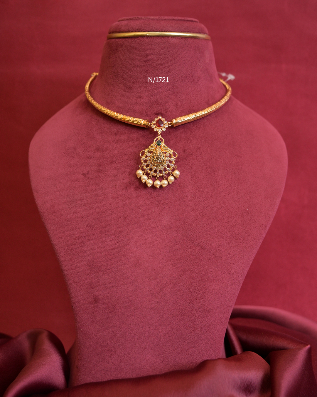 22kt Gold Goddess Lakshmi & Peacock Nakshi Pendant Tubular Hasli Necklace with Teardrop Ruby, CZ & Pearl Drops | SKU: N/1721